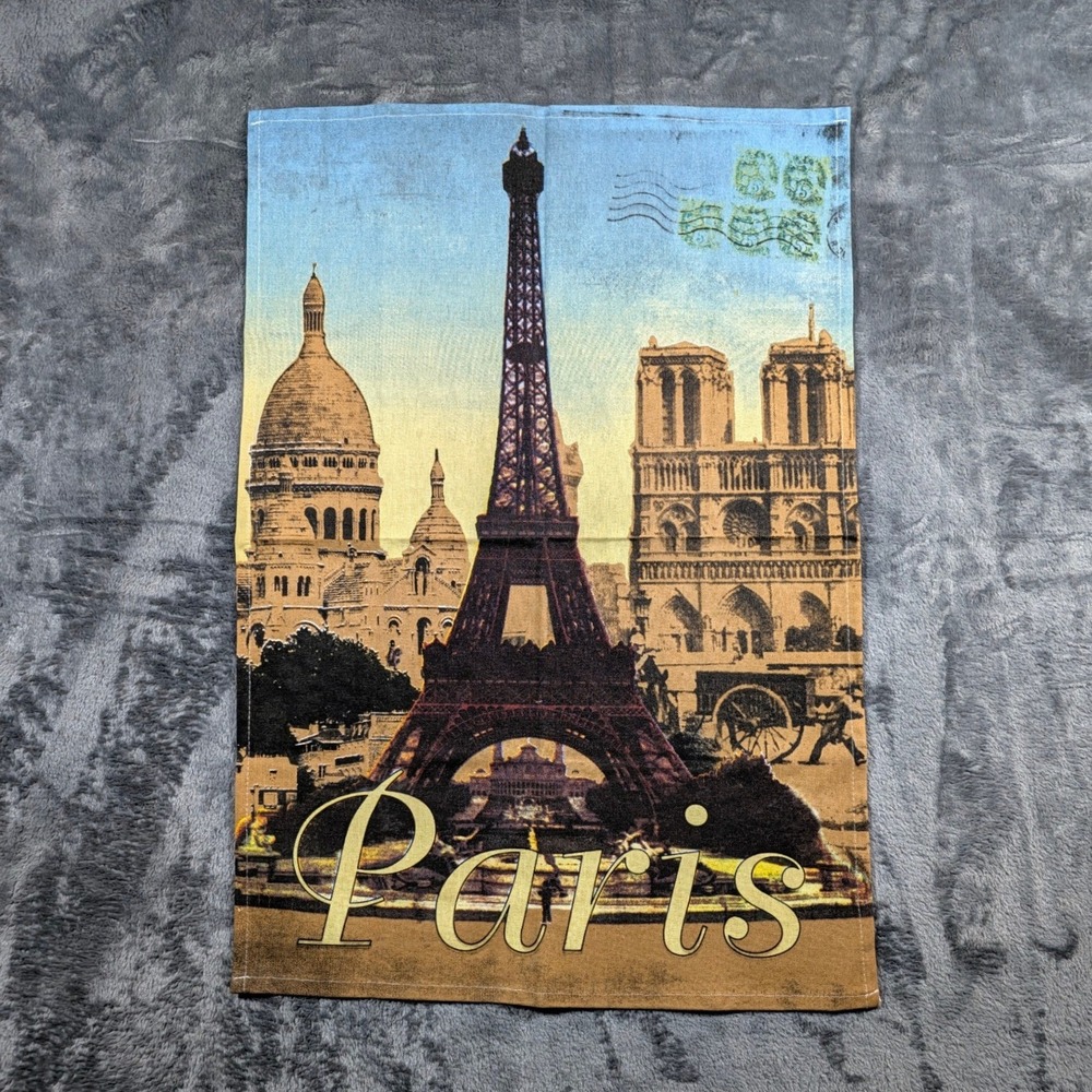 Paris Souvenir Eiffel Tower Tea Towel 18x26 Blue Vintage Postcard Style